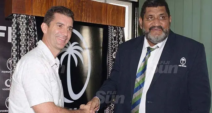 Fiji Rugby Union CEO, John O’Connor (right) congratulates Fiji Airways Fijian 7s coach Gareth Baber. Photo: Ronald Kumar.