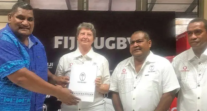 From left; FRU chief executive John O’Connor, Ministry of Education’s permanent secretary Alison Burchell, FPSRU vice-president Sakiusa Turagabeci and FPSRU secretary Sitiveni Uluinavucu in Suva on June 13, 2019. Photo: Grace Narayan