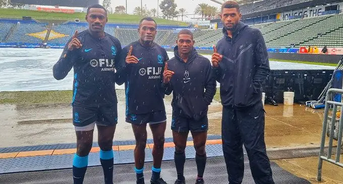 Fiji Airways Fijian men’s rugby sevens debutants (from left) Anasa Qaranivalu, Rauto Vakadranu, Rokoua Rasaku, Ponipate Loganimasi at Dignity Health Sports Park in Carson, California, USA, on February 23, 2023. Photo: FRU Media  