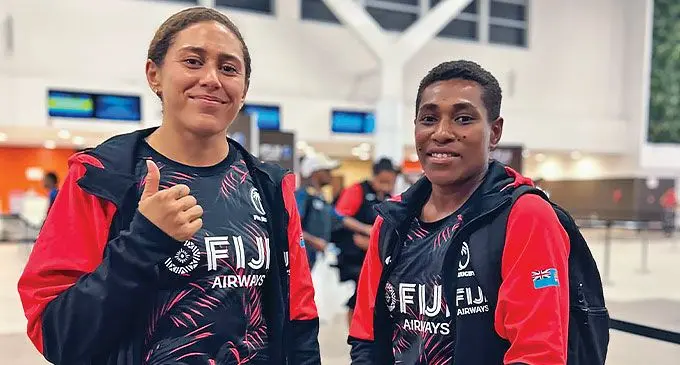 Fijiana 7s players from left: Talei Wilson and Reapi Ulunisau at the Nadi International Airport on May 19, 2024.