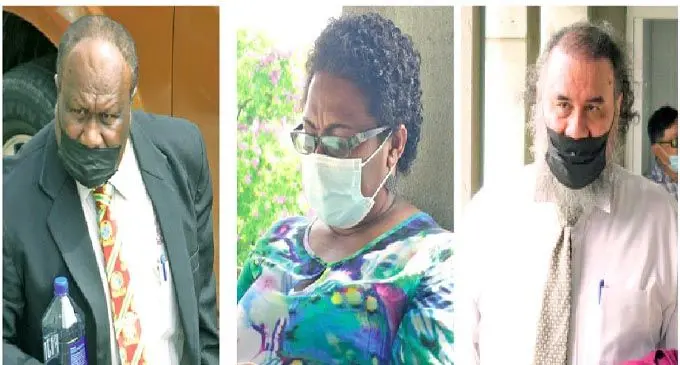 Fiji Teachers Association General Secretary Paula Manumanuitoga (left) Nanise Vucagu and John Samisoni outside Court in Suva on December 16, 2021.  Photo: Ronald Kumar