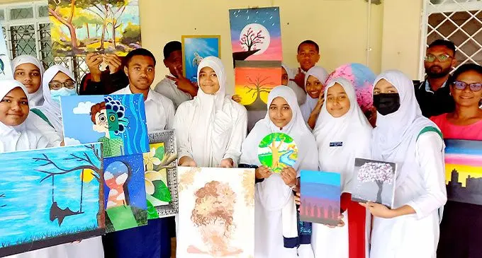 Suva Muslim College Year 9 and 10 Art and Craft students and teachers with some of their art displayed work on July 6, 2022. Photo: Ronald Kumar 