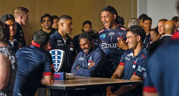 Moses Sorovi (seated with folded arms), with his Melbourne Rebels team-mates during the launch of their Shop N Save Super Rugby Pacific 2023 season. Photo: Melbourne Rebels