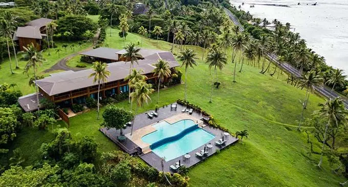 An aerial view of Wasawasa Lodge overlooking the Koro Sea.