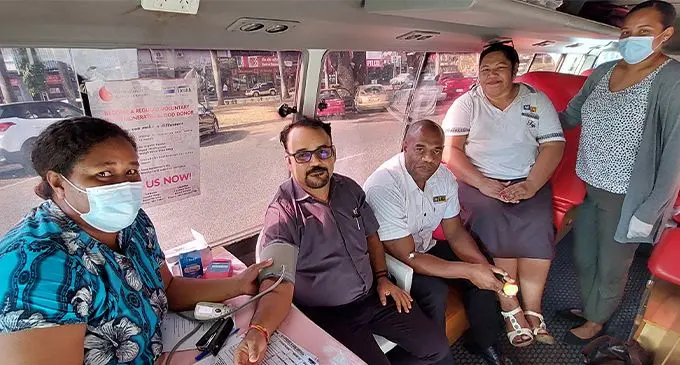 From left: Staff nurse, Vatiseva Delai, LICI regional manager west, Mahendra Bhadu, LICI insurance agents, Kelevi Nagone and Emi Vakamelei with Lautoka Hospital phlebotomist, Ro Kamanalagi Vonolagi during the blood drive in Lautoka on September 5, 2022. Photo: Nicolette Chambers