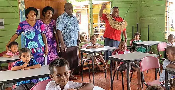 Students and teachers during the opening of Tavea Island Kindergarten in Bua on March 12, 2022.