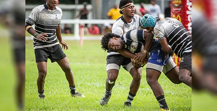Epeli Waqaicece Nalaga (with ball) tries to break the Fiji Under-20 defence line during the Youth Cup final of the McDonald’s Fiji Coral Coast 7s at Lawaqa Park, Sigatoka on January 14, 2023. Photo: Leon Lord
