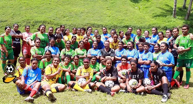 Players of the four women’s football teams in Taveuni with their team officials and Fiji FA representative. Photo: Fiji FA Media.  