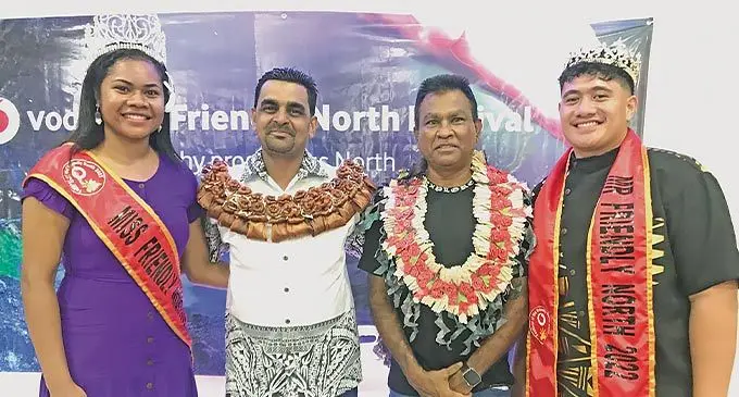From left: 2022 Miss Friendly North Queen Debra Mauritz, festival committee president Rajneel Maharaj, Vodafone Fiji Head of e-Commerce and Corporate Affairs Shailendra Prasad and 2022 Mr Friendly North Lawrence Singh at Fiji Football Academy in Labasa on November 5, 2022. Photo: Shratika Naidu
