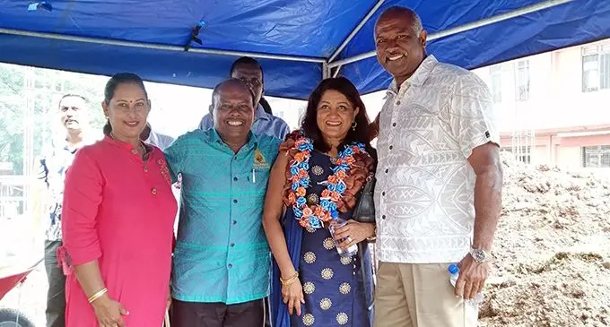 TISI Sangam Rakiraki members and guests with Goundar Shipping Limited director George Goundar (right) during the groundbreaking ceremony on June 9, 2020. Photo: Susana Tuilau