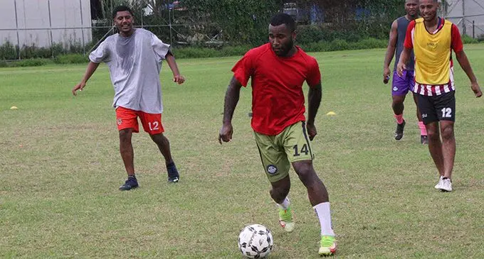 Suva reps Filipe Baravilala (right) and Inoke Turagalailai durng the team’s training session at the Fiji Football Academy grounds, Vatuwaqa, Suva on August 25, 2022. Photo: Kelera Tuisawau