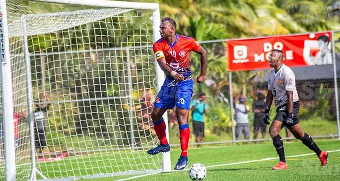 Navua captain Vineet Chand celebrates his goal from a penalty kick while Rewa goalkeeper Mohammed Alam could not hide his frustrations furing their Digicel Premier League clash at Uprising Sports Complex, Pacific Harbour on March 28, 2021. Photo: Leon Lord.