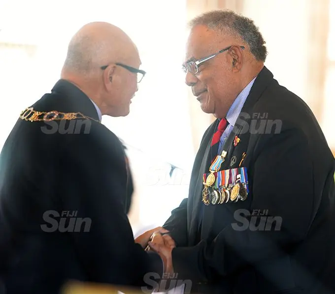 Lt. Col. (Ret'd) Sakiusa Raivoce received the 50th anniversary of Independence commemorative medal from President Jioji Konrote during special investiture ceremony at State House on October 7, 2020. Photo: Ronald Kumar.