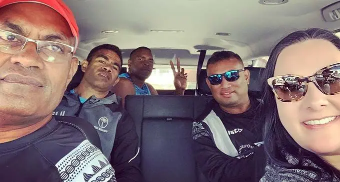 From left: Fiji Airways Fijian 7s manager Jone Niurua, strength and conditioning coach Naca Cawanibuka, Josua Vakurinabili, physiotherapist Willie Kwong  in Los Angeles on February 23, 2020. Photo: Bula Management Group  