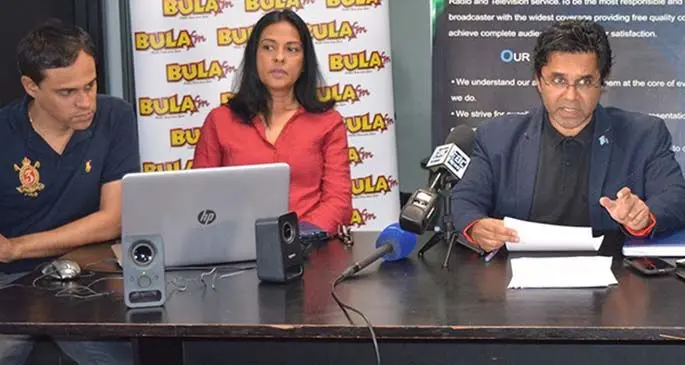 From left: Manager TV Operation Vinal Raj, Manager Radio Shammi Lochan and Fijian Broadcasting Corporation chief executive officer Riyaz Sayed-Khaiyum.