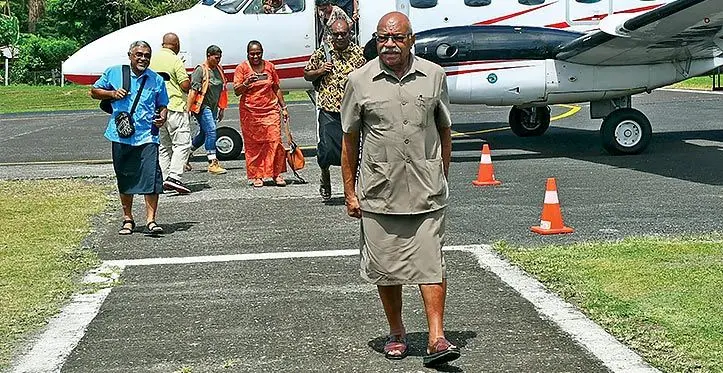 Prime Minister Sitiveni Rabuka arrives in Taveuni on the Northern Air to attend the the traditional vakasenuqanuqafor the Tui Cakau and Speaker of Parliament, Ratu Naiqama Lalabalavu. Photo: Office of the Prime Minister