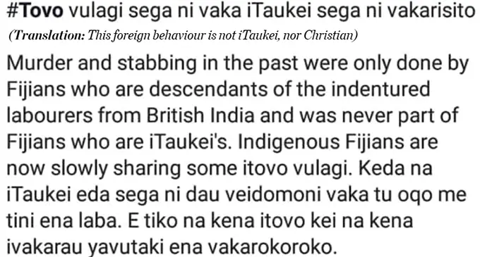 A screenshot of the comment that Mosese Bulitavu made on his Facebook page with translations in italic font.