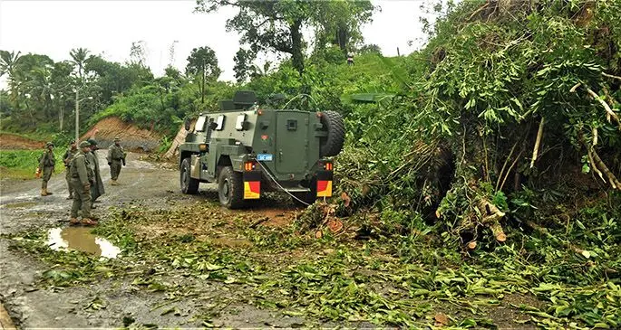 Members of the Republic of Fiji Military Forces Third Battalion Fiji Infantry Regiment (3FIR) using the Bushmaster Protected Mobility Vehicle to help clear debris from the Suva-Nausori corridor on April 9, 2020. Photo: RFMF Media Cell