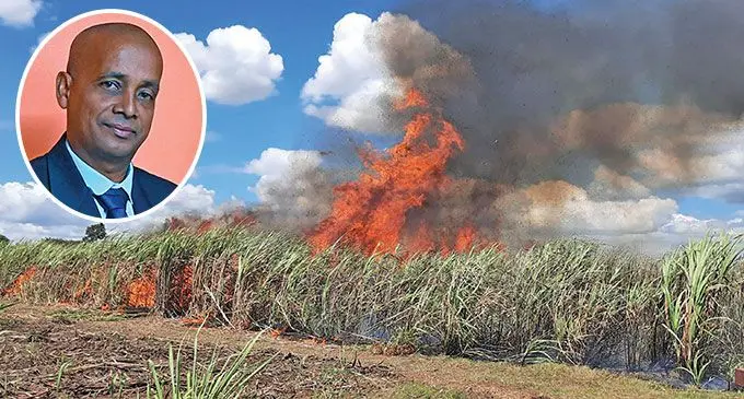 A recent fire at a sugarcane farm in Lautoka on August 8, 2024. Photo: Supplied/ Inset: Sugar Research Institute of Fiji chief executive officer, Dr Vinesh Kumar.