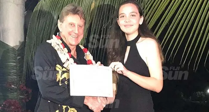 Joyce Aviation Group chief executive officer /managing director Tim Joyce (left) with Cynthia Ambalal during the Pacific Flying School’s Class of 2020 & 2019 Wing’s Night at the Novotel Hotel Nadi on December 4, 2020. Photo: Maraia Vula
