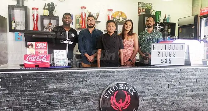From left, Phoenix Bar and Restaurant staff member Elvin Kumar, Phoenix Bar and Restaurant owner Tanuj Patel, manager and head chef Monith Achari, business partner Hansni Kumar and staff member Abhishek Chand. Photo: Lusiana Tuimaisala