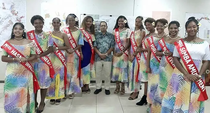 Nadi Town Council Special Administrator Robin Ali with  the Bula festival contestants (from left) Miss Hasmat Investments Priya Lal, Miss Missing Mineral Selai Rasaqiwa, Miss Sharmas Music Center Ridhika Mudliar, Miss Inex Glass Aluminium Ateca Ratuva, Miss Media Waves Mary Snow, Mr Ali, Miss PSG Electrical Carol Raidriwa, Miss Harmony Security Services Alesi Qoro, Miss Nadi Town Council Timaleti Cokomata, Miss Formscaff Litia Temo, Miss Bula Events Group Sonal Singh, Miss Simba Amusement Alini Korovulavula.  