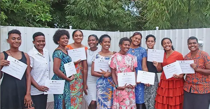 Graduates of the inaugural Agro Women’s Rugby project at the Green House, Suva, on February 8, 2023. Photo: Sosiveta Korobiau