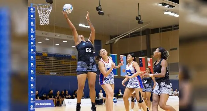 Fijian Pearls goal shooter Lydia Panapasa Seru jumps for the ball during their match against Samoa in the PacificAus Sports series in Queensland, Australia on April 25, 2023. The Pearls beat Papua New Guinea 66-49, in their third match yesterday. Photo: Netball Australia