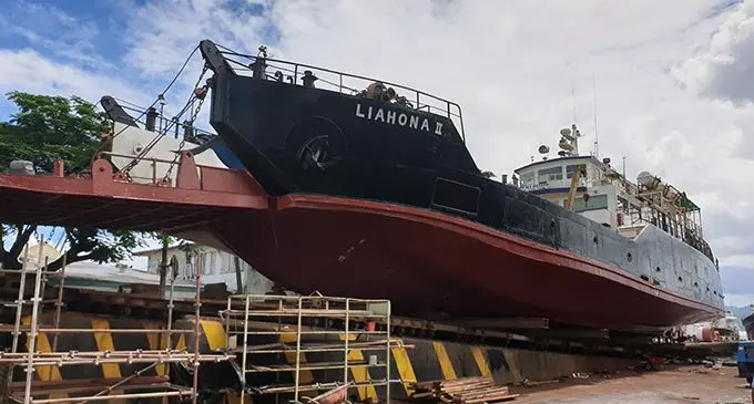 MV Liahona II at the Fiji Ship Heavy Industries Limited slipway in Walu Bay, Suva.