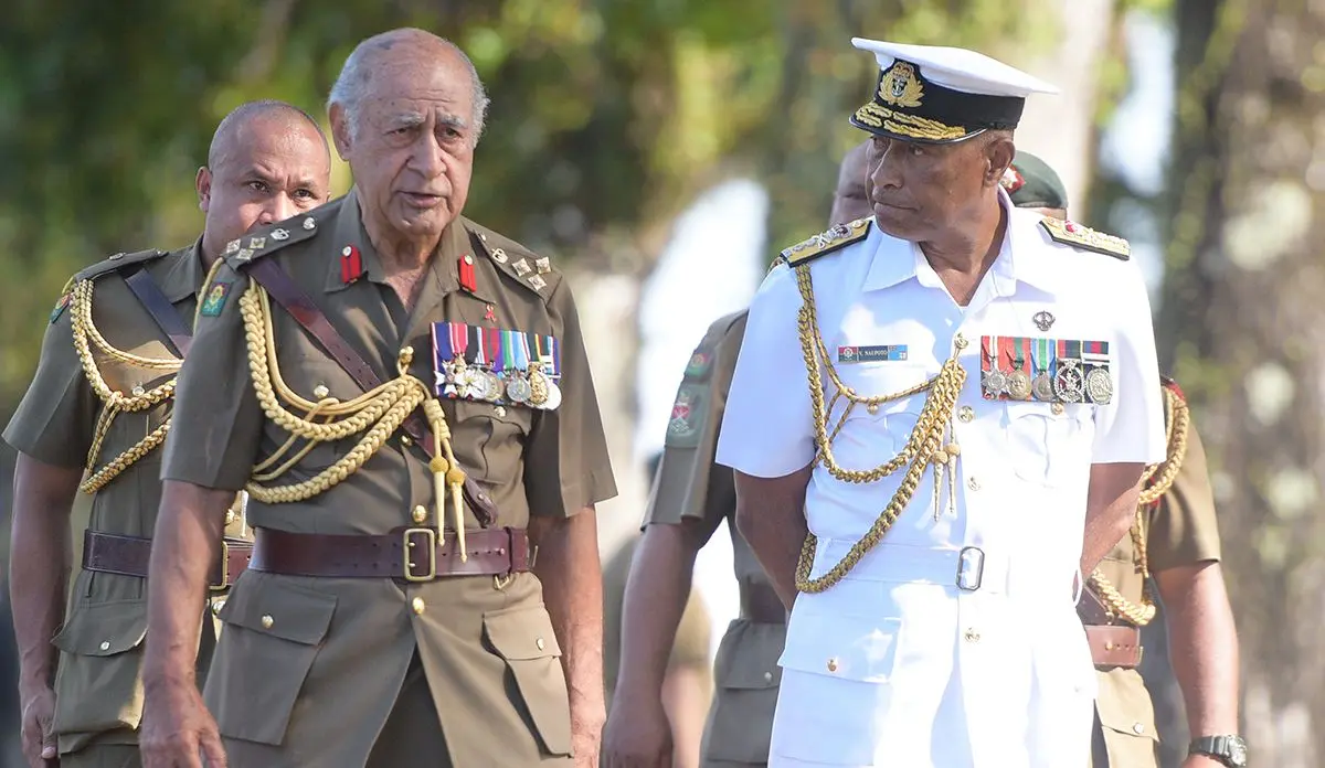 Brigadier General (Retired) Ratu Epeli Nailatikau (left) and RFMF Commander Rear Admiral Viliame Naupoto following the inauguration of the Colonel of the Regiment guard of honour parade on July 21, 2020. Photo: Ronald Kumar.
