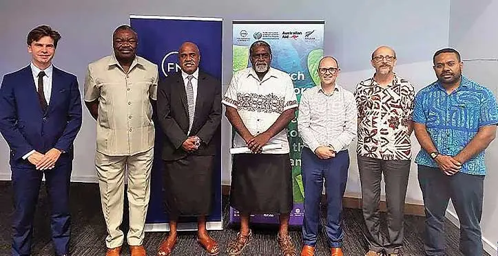 FNU Acting Pro-Vice-Chancellor Professor Paul Iji Research and Innovations (second from left) and Dean CEST Professor Tibor Pasinszki with the Government Ministers and the Australian and New Zealand High Commissions representatives. Photo: FNU