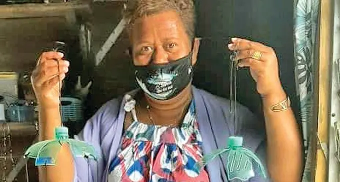 Anaseini Laweibau showing her art work at Nacekoro Village in Savusavu on August 26, 2021.