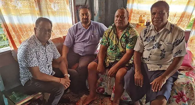 From Left:  Pinto Industries Pte Limited managing director Vishal Narayan, Waiqele Sawmill Pte Limited director Feroz Begg, Turaga ni mataqali of Tabia Eremasi Vakameyau and Pinto Industries Pte Limited business consultant Viliame Jiuta in Tabia Village, Labasa, on March 30, 2021.  Photo: Shratika Naidu
