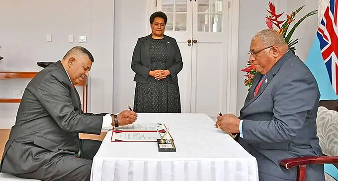 New High Commissioner to Papua New Guinea Brigadier-General Mosese Tikoitoga at the commissioning with President Ratu Wiliame Katonivere. Photo: DEPTFO