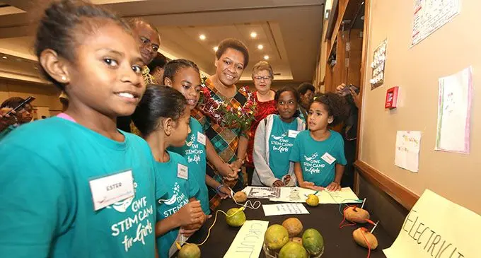 Minister for Women, Children and Poverty Alleviation Mereseini Vuniwaqa with participants during the Science Technology Engineering Mathematics (STEM) Summer Camp on May 2, 2019.  Photo: DEPTFO News 