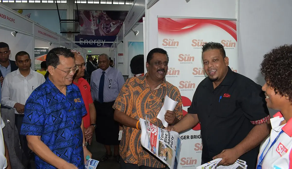 Donglin Li, Director ILO Pacific (from left), Minister for Youth and Sports and Employment Praveen Bala with Fiji Sun MarketingCirculation Manager Rajiv Raj and Fiji Sun Deputy Business Editor Lusina Tuimaisala at Fiji Sun booth during National Job fair at FMF Gymnasium on April 24, 2019. Photo: Ronald Kumar.
