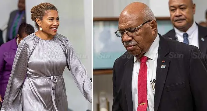 Minister for Women, Children and Social Protection Lynda Tabuya retained her Cabinet seat after a decision by Prime Minister Sitiveni Rabuka (right). Photos: Leon Lord