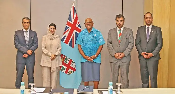 Saudi Arabia’s Chief of Staff of Saudi Arabia’s Minister for Tourism, Saja Alhoshan, (second from left), with Prime Minister Sitiveni Rabuka and the delegation. Photo: DEPTFO News