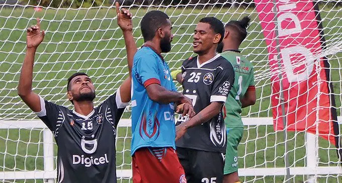 RC Manubhai Ba striker Saula Waqa lifts his hands after scoring a goal in their clash against Nasinu in the Digicel Fiji FACT at Lawaqa Park, Sigatoka, on May 29, 2022. Ba won 6-1 and qualified for the Digicel Fiji FACT semifinal against 4R Electrical Labasa on Saturday. Photo: Fiji FA Media