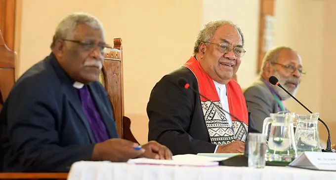 From left: Methodist Church in Fiji and Rotuma general secretary Reverend Ili Vunisuwai, president Reverend Epineri Vakadewavosa and vice president Ratu Peni Volavola  during their annual conference at Centenary Church on August 20, 2019.  Photo: Ronald Kumar