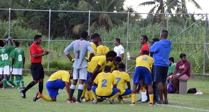 Nadroga football players and their officials in discussion during the halftime break against Northland Tailevu at the Fiji FA Academy ground in Suva on March 11, 2018. Photo: Simione Haravanua