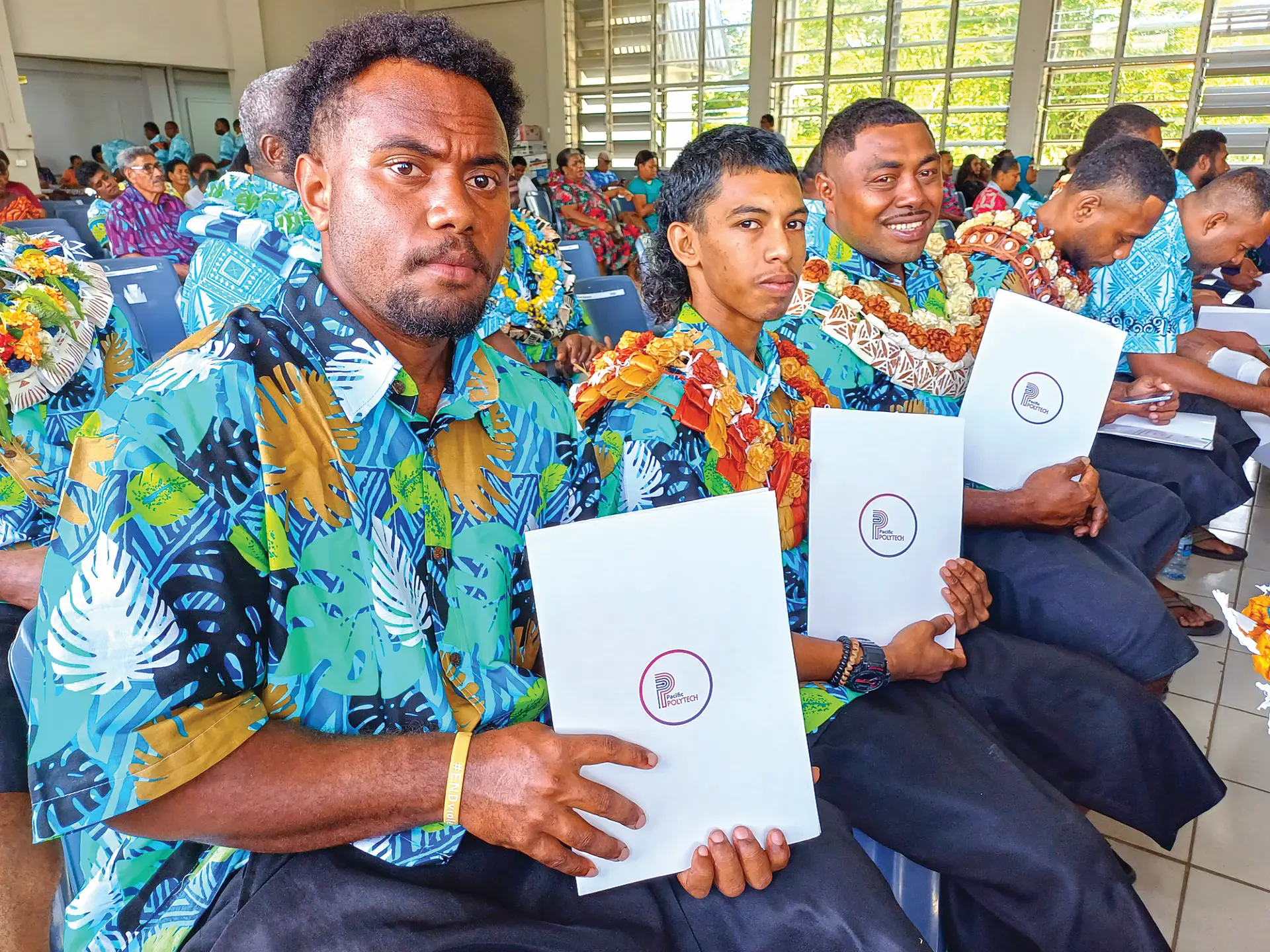 Minister for Rural and Maritime Development and Disaster Management Mosese Bulitavu third from left (second row) with graduates and staff of Pacific Polytech at the Civic Centre in Labasa on June 4, 2026.