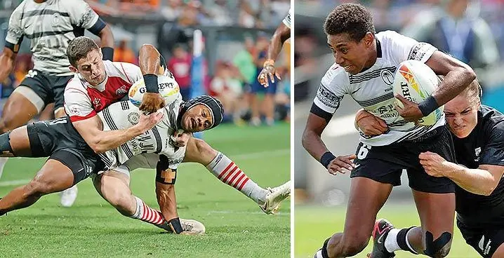 Fiji Airways Fijian men’s rugby sevens rover Manueli Maisamoa and women’s halfback Reapi Ulunisau. Photo: World Rugby
