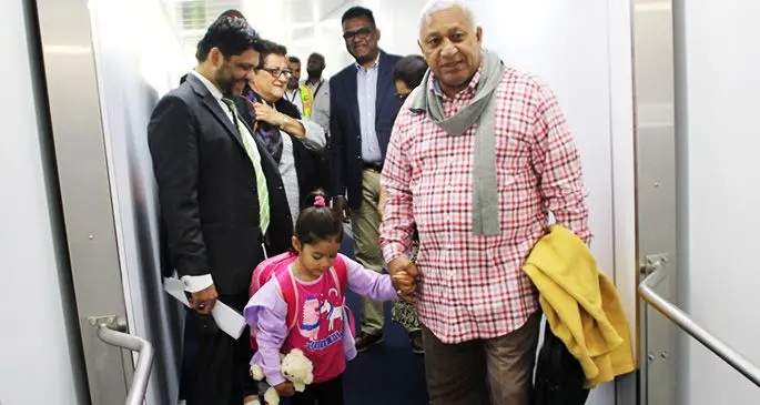 Prime Minister Voreqe Bainimarama on his way to Sydney on October 24, 2019. He also had the chance to use Airport Fiji’s newest aerobridge and met with the electrical team who ensured a successful installation. Photo: Fiji Airports