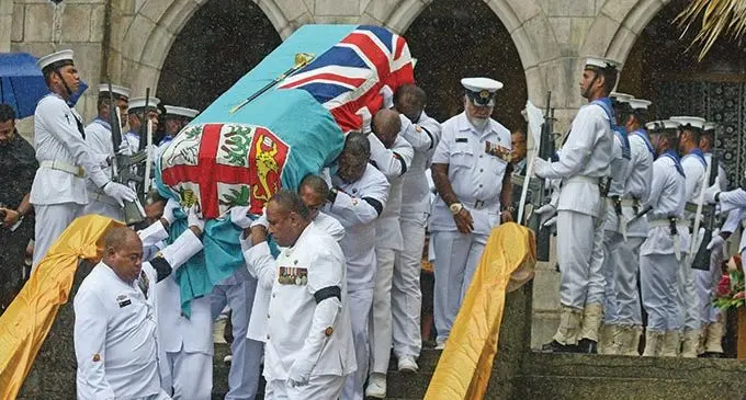 The casket of the late Esala Teleni is carried by the Republic of Fiji Military Forces Naval Division officers at the Centenary Methodist Church in Suva on March 10, 2020. Photo: Ronald Kumar