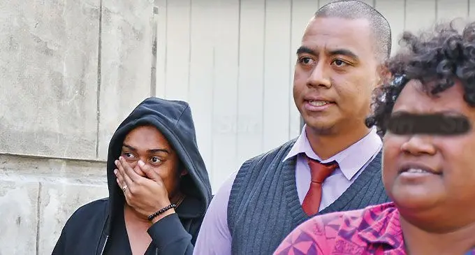 Former bank reconciliation officer Sofia Khan (in black), and Police officer Jean Baleinabuli outside the Suva Magistrate’s Court on June 6, 2024. Photo: Ronald Kumar