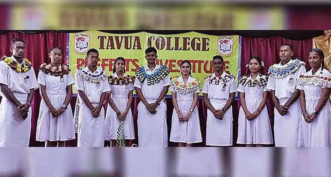 (From left) Tavua College Deputy head boy Varinava Lotu, Deputy head girl Makereta Lomani, Deputy head boy Rapheal Tadulala, Deputy Head girl Divansheeta Devi, Head girl Riashna Kumar, Head boy Adishay Lal, Deputy head boy Praveer Chand, Deputy head girl Shivika Sanjana, Deputy head boy Jone Degei and Deputy head girl Udite Vuniivi. Photo: Tavua College