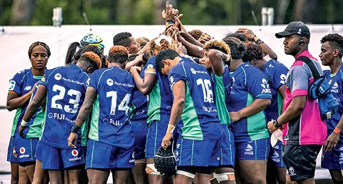 Rooster Chicken Fijiana Drua in a huddle after a training session. Photos: Stan Sport