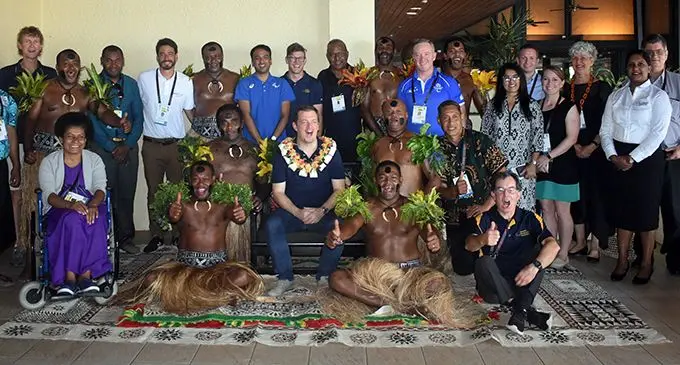  International Paralympic Committee (IPC) president, Andrew Parsons (sitting with garland) after being accorded a traditional welcome ceremony by staff of The Westin Denarau Island Resort and Spa, Fiji on March 13, 2019. Photo: Nicolette Chambers
