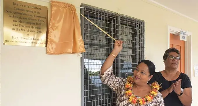 Minister for Education Premila Kumar, with Bau Central College Principal, Susana Mataitoga, during the commissioning of the new facilities on July 5, 2022. Photos: Ronald Kumar
